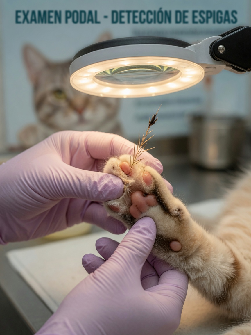 Tierärztliche Untersuchung einer Katzenpfote, die eine zwischen den Zehenballen eingebettete Grannne zeigt