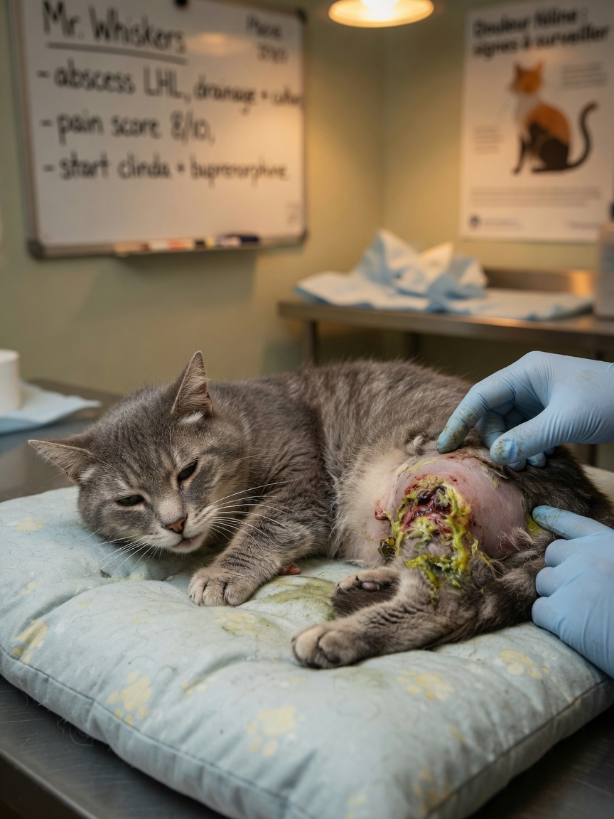 Katze mit geschwollenem Hinterbein, das einen Abszess aus einer Katzenbisswunde zeigt, die von einem Tierarzt untersucht wird