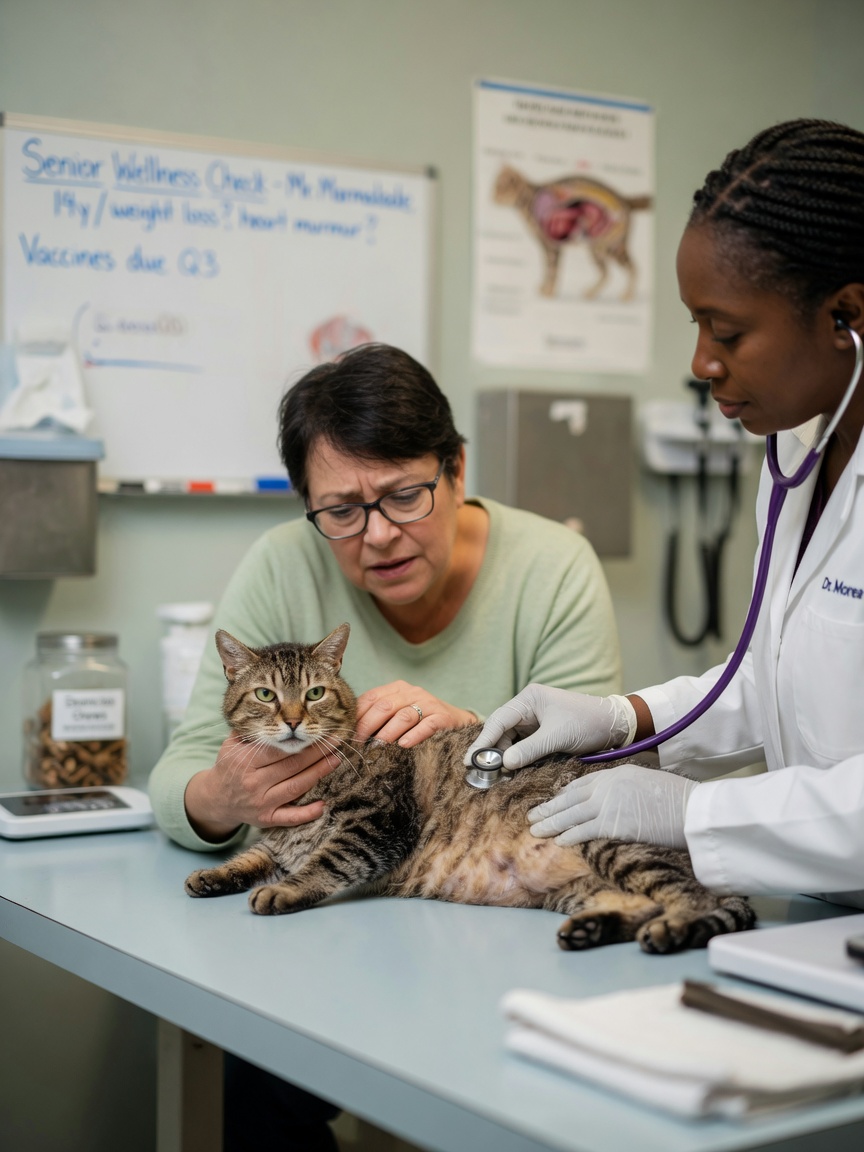 A veterinarian examining a tabby cat on a clinic examination table while the owner watches, representing medical evaluation for litter box problems.
