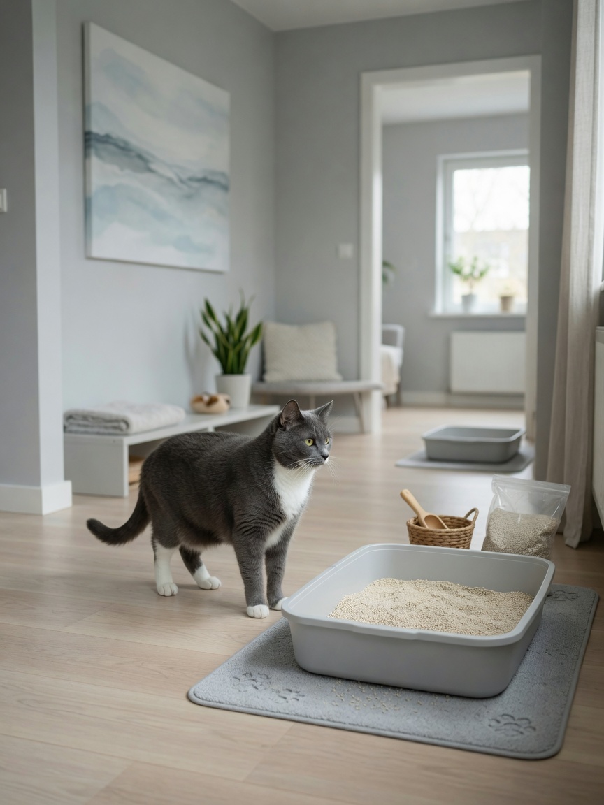 A gray and white cat standing near a properly positioned litter box in a quiet, private area of a home, demonstrating ideal litter box placement for behavioral prevention.