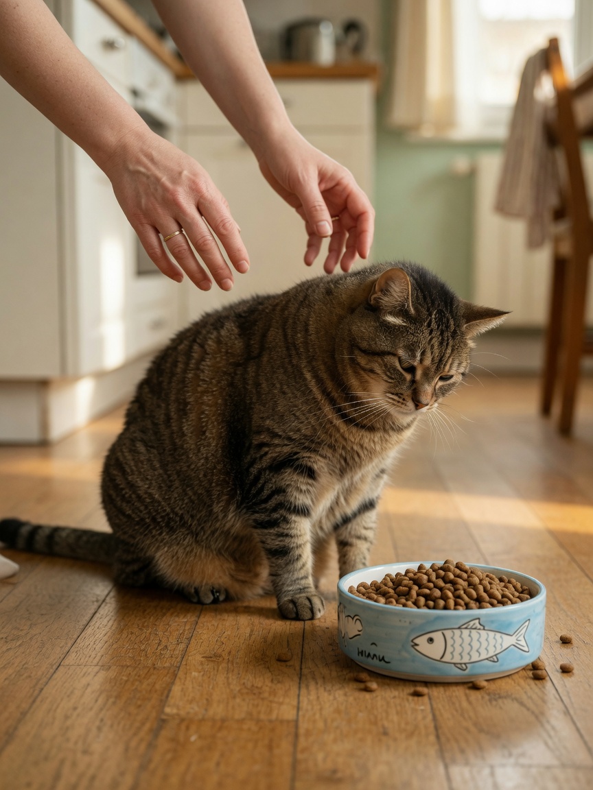 Overweight cat refusing food in a kitchen, showing symptoms of hepatic lipidosis