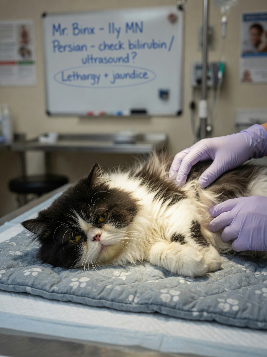 Persian cat showing jaundiced eyes during veterinary examination for cholangitis