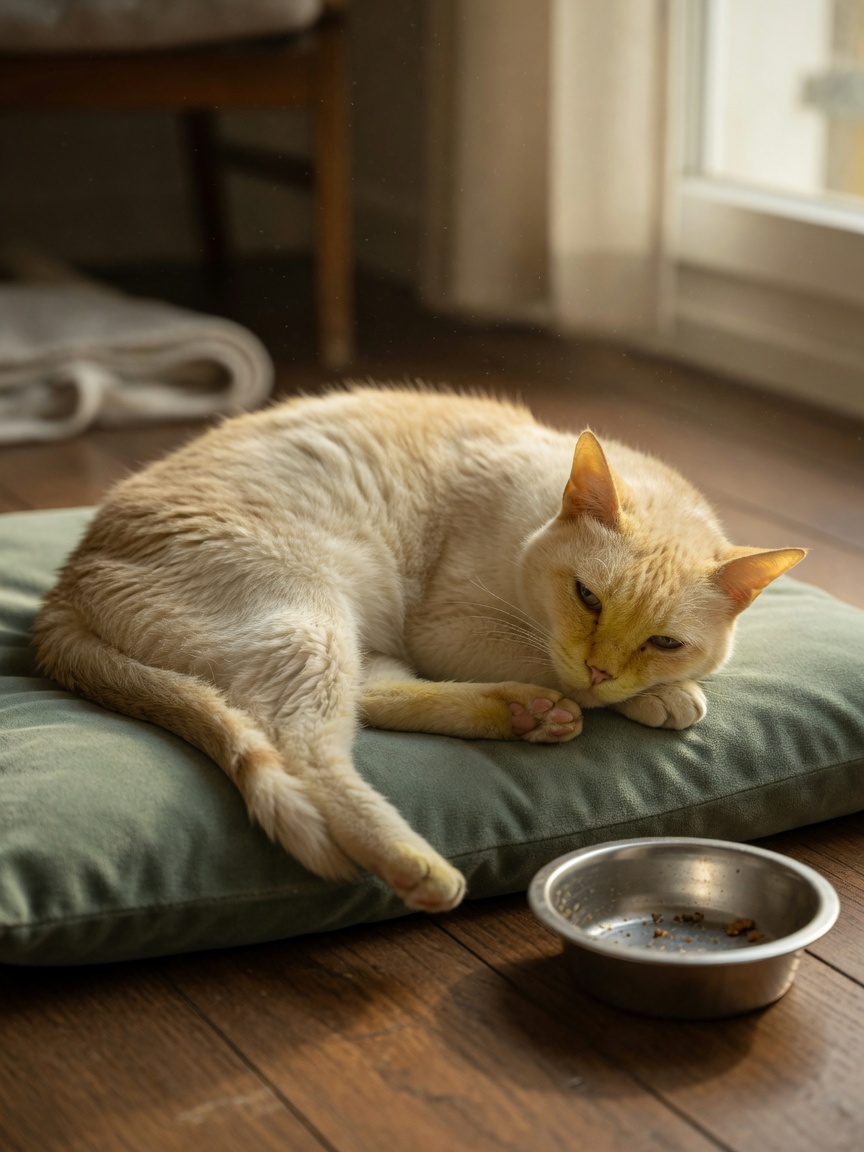 A lethargic, jaundiced cat resting on a soft cushion with an untouched food bowl nearby, displaying multiple signs of liver disease including weakness and loss of appetite.