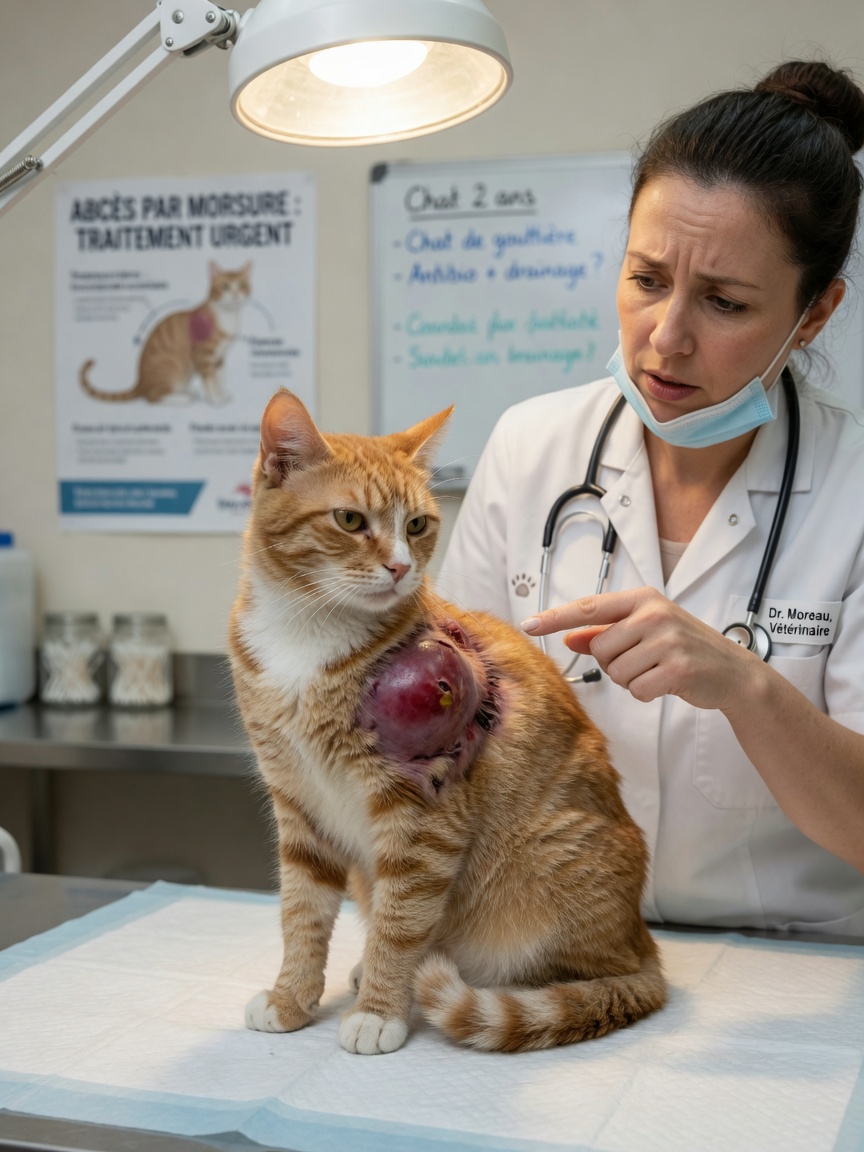 Veterinarian examining a red, swollen abscess on a tabby cat's shoulder during clinical assessment