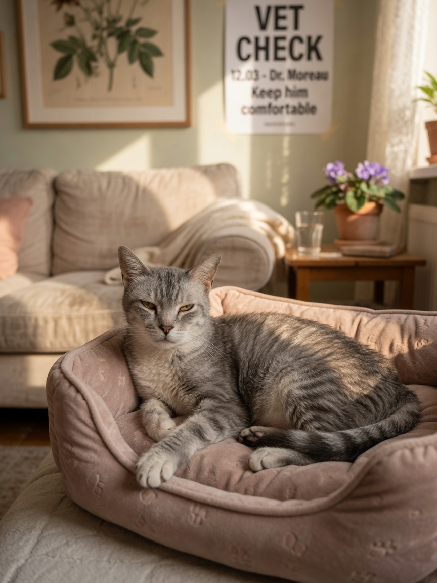 Senior cat with signs of chronic illness resting comfortably at home