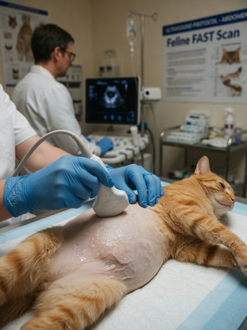 Veterinary technician performing abdominal ultrasound on cat to diagnose lymphoma