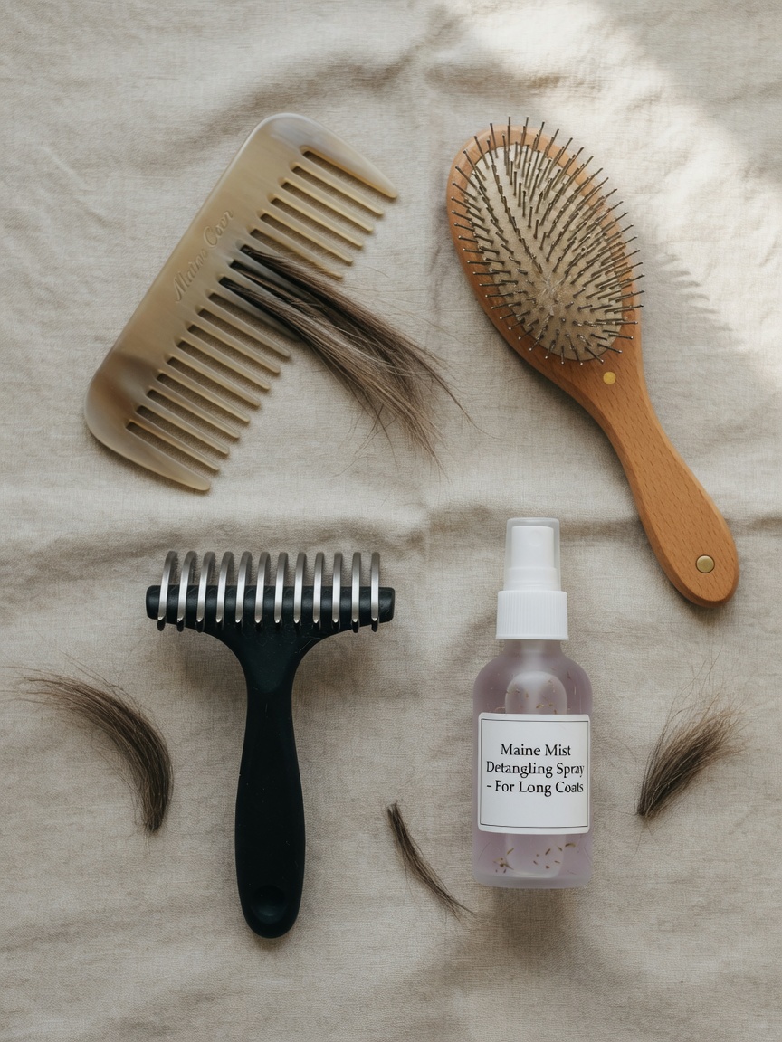 Maine Coon grooming tools including wide-tooth comb, slicker brush, de-shedding rake, and detangling spray arranged on a surface