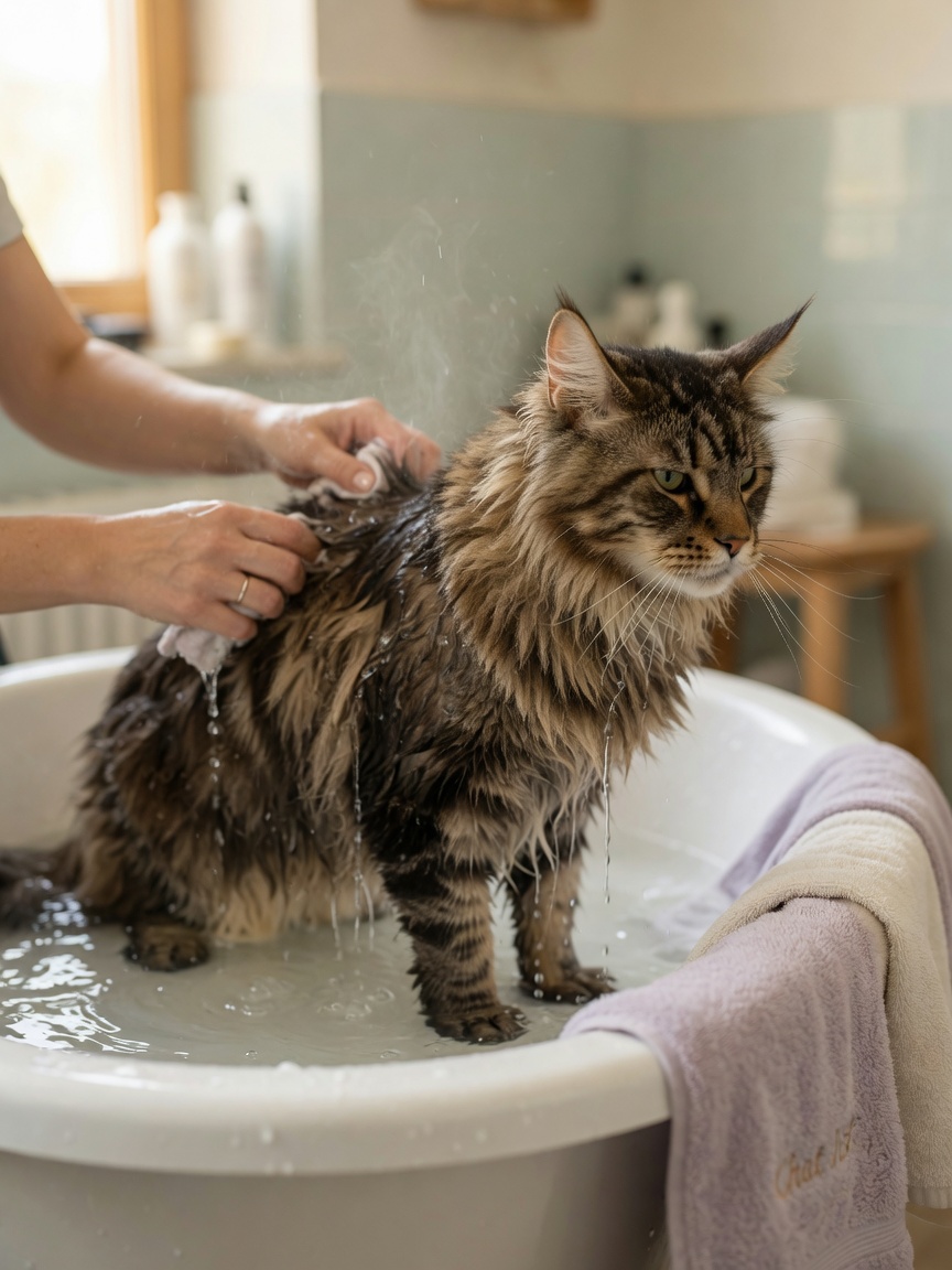 Maine Coon cat being bathed in grooming tub with water and towels nearby, showing calm bathing session