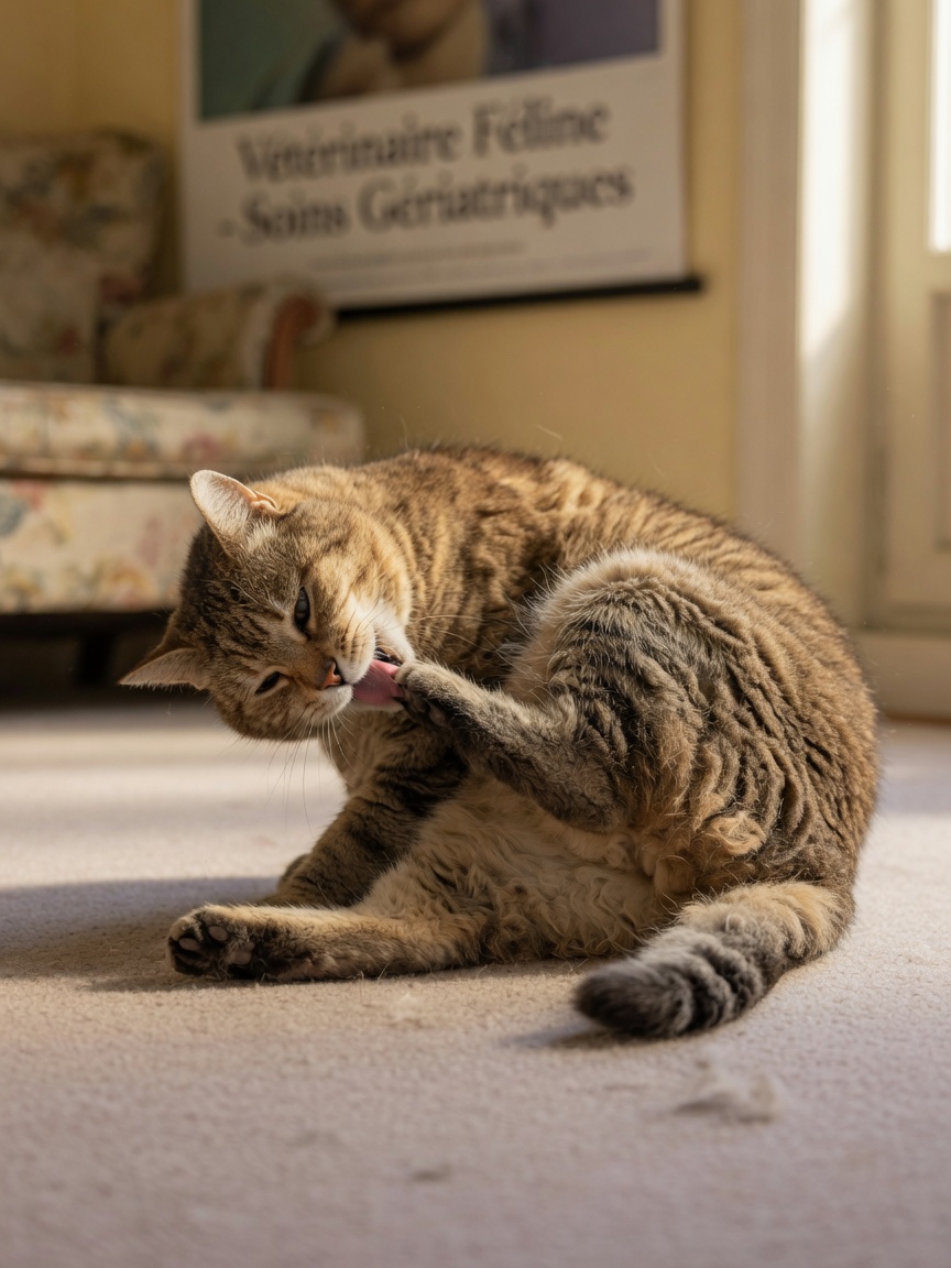 An elderly overweight cat struggling to groom its hindquarters, showing difficulty reaching the lower back where mats are forming
