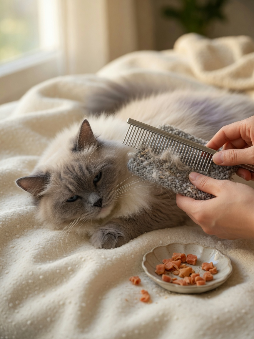 Hands demonstrating proper mat removal technique on a calm Ragdoll cat, holding the base of the mat while using a wide-toothed comb with treats nearby for positive reinforcement
