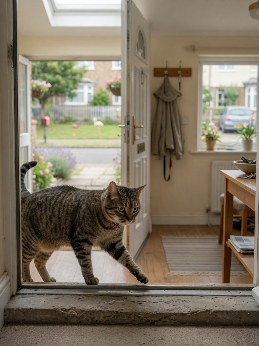 Indoor cat hesitantly approaching an open door, showing anxiety about unfamiliar outdoor environment
