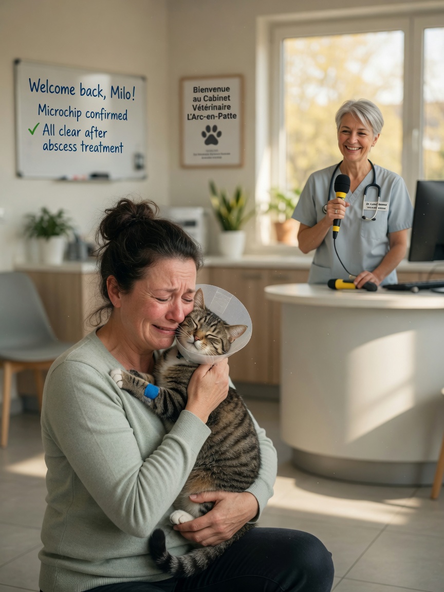 Owner reunited with their tabby cat at a vet clinic after microchip identification brought them together