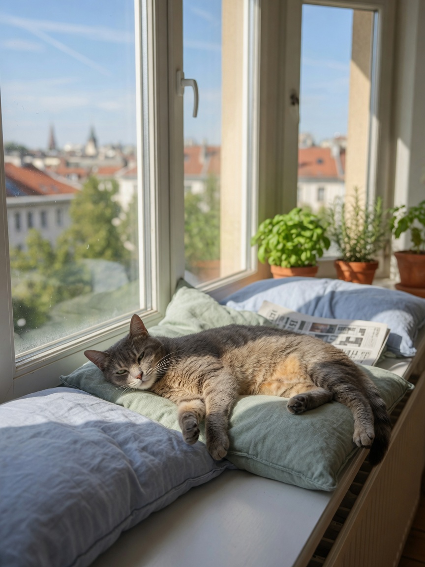 Hauskatze, die tagsüber passiv auf einem sonnigen Fensterbrett ruht, zeigt angesammelte Energie vor nächtlichen Verrücktheiten