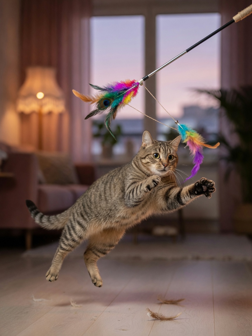 Katze beim Angriff auf ein Federspielzeug bei Abendlicht, zeigt gerichtetes Jagdspiel zur Befriedigung des Jagdinstinkts