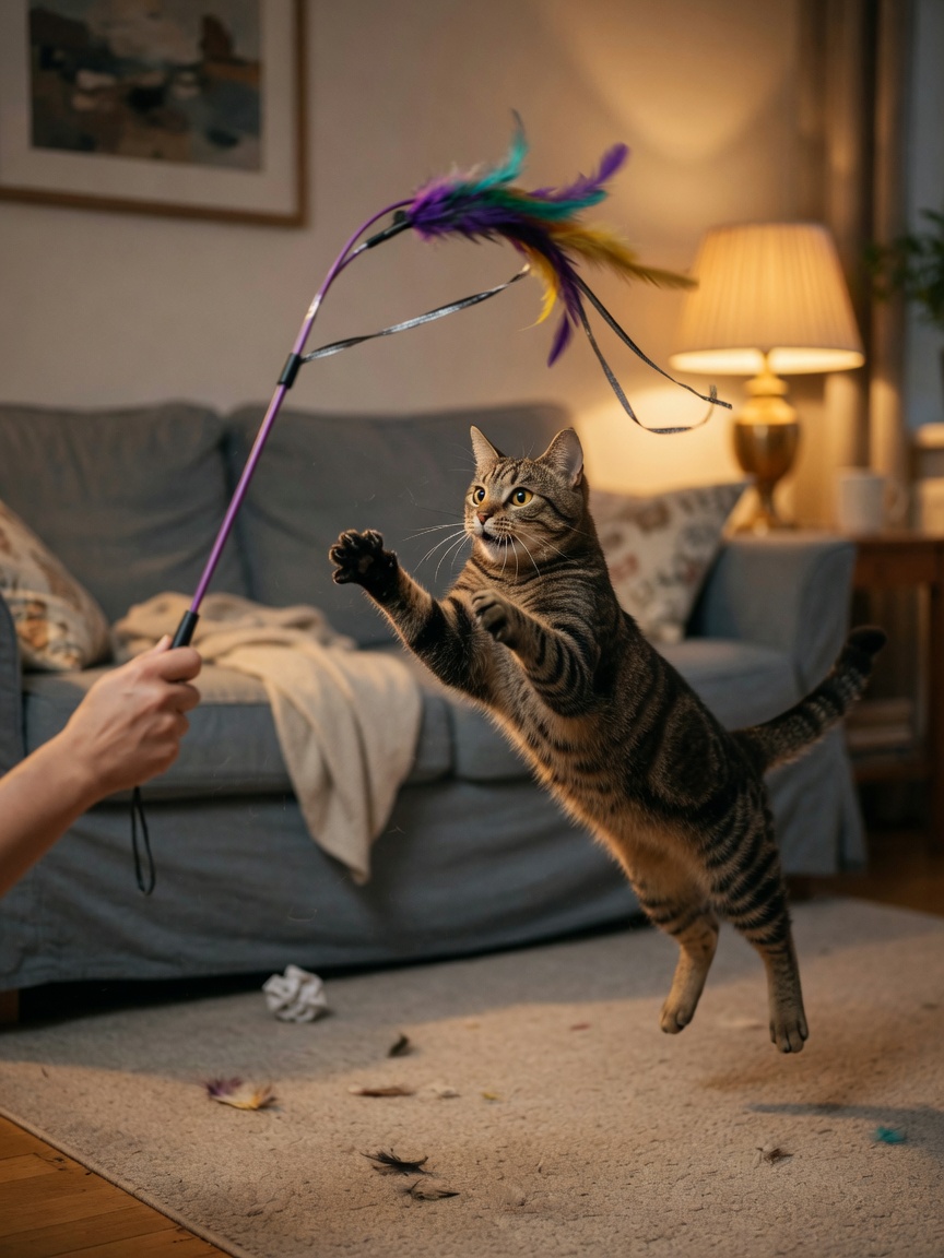 Cat pouncing on feather wand toy held by human hand during interactive play session before bedtime.