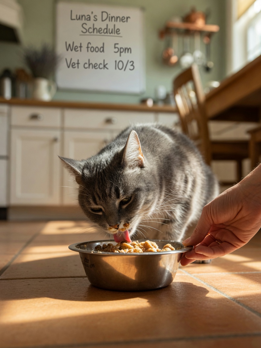 Cat eating from scheduled meal bowl being set down by owner's hand in home kitchen.
