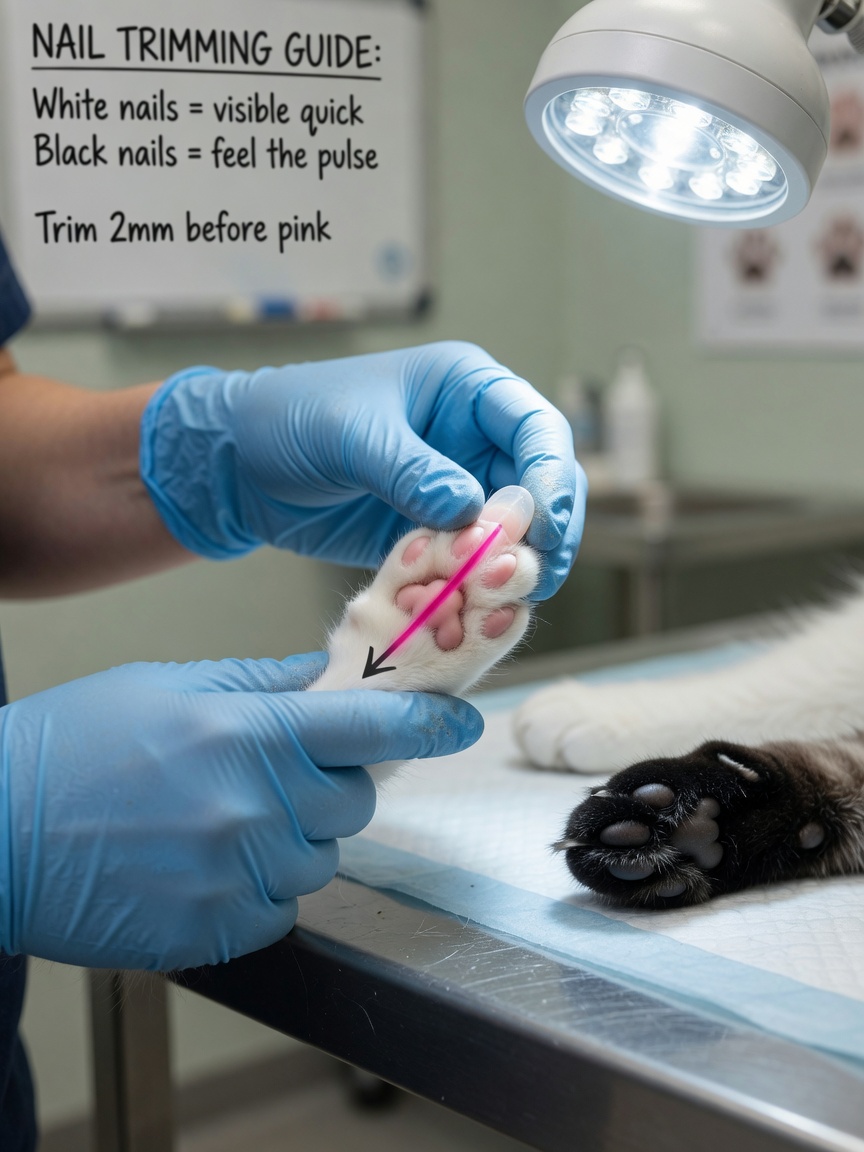 Veterinarian demonstrating cat nail anatomy under bright light, showing the pink quick in light nails and comparing with dark nails