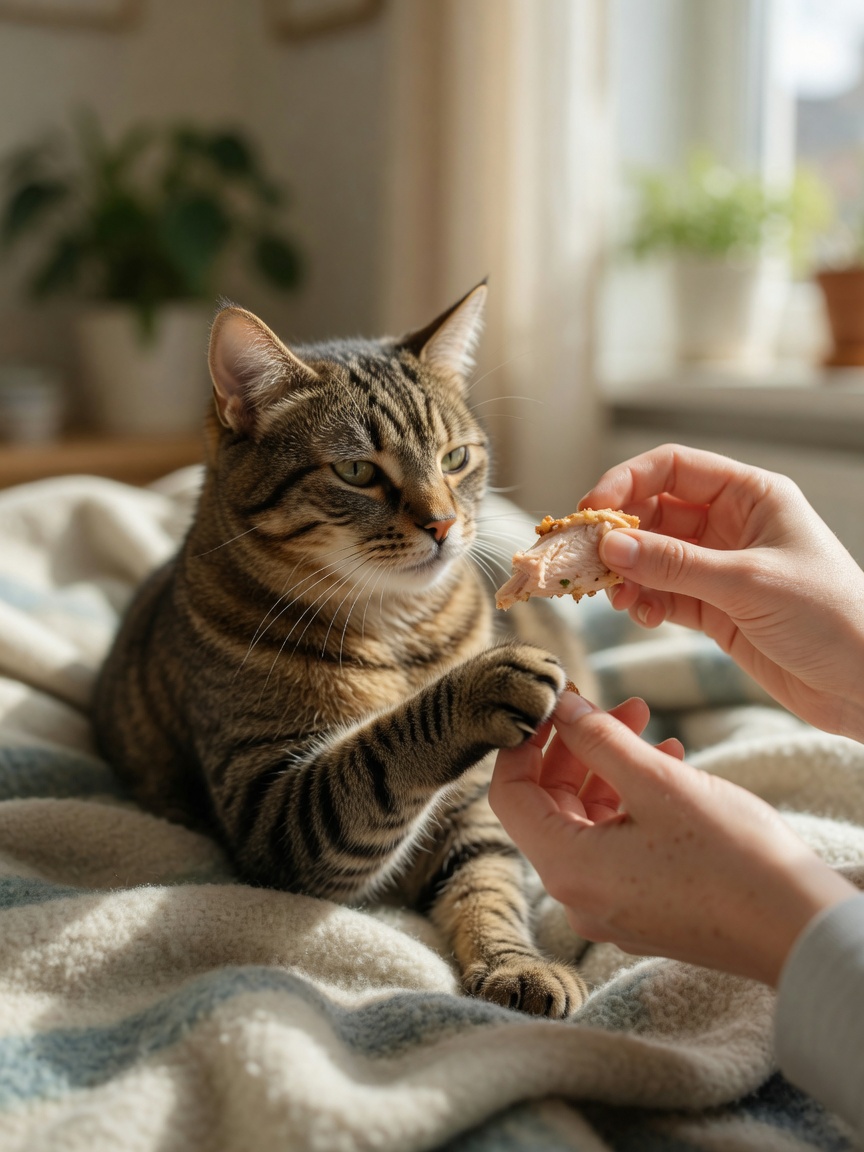 Relaxed cat during positive desensitization training, owner gently extending claw and offering treat in natural light