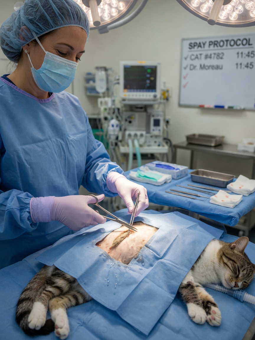 Veterinary surgeon performing spay surgery on a female cat in operating theatre