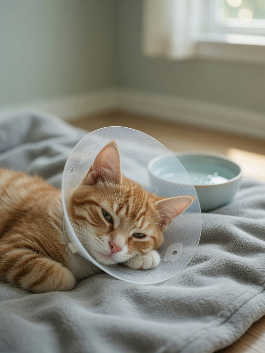 Recovery cat wearing Elizabethan collar resting on soft blanket in quiet room with water bowl
