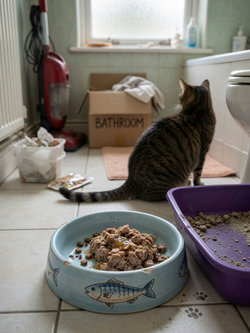 Cat food bowl poorly positioned next to litter tray, illustrating environmental causes of reduced appetite