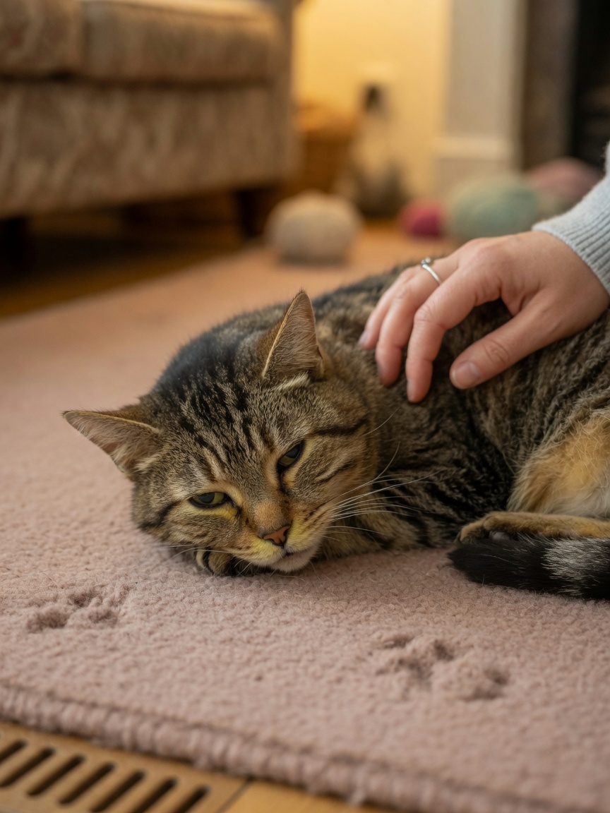 Sick cat displaying lethargy and hiding behavior, showing warning signs that require immediate veterinary attention