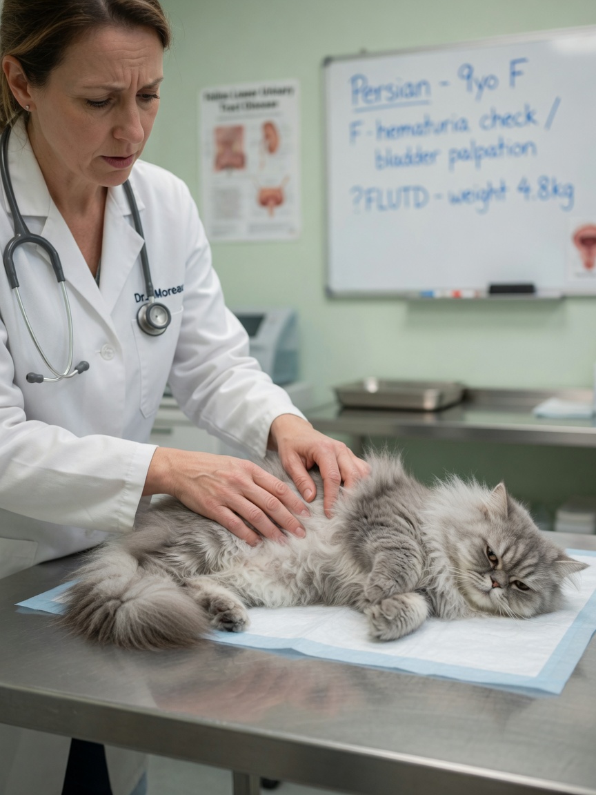 Veterinarian performing abdominal examination on grey cat