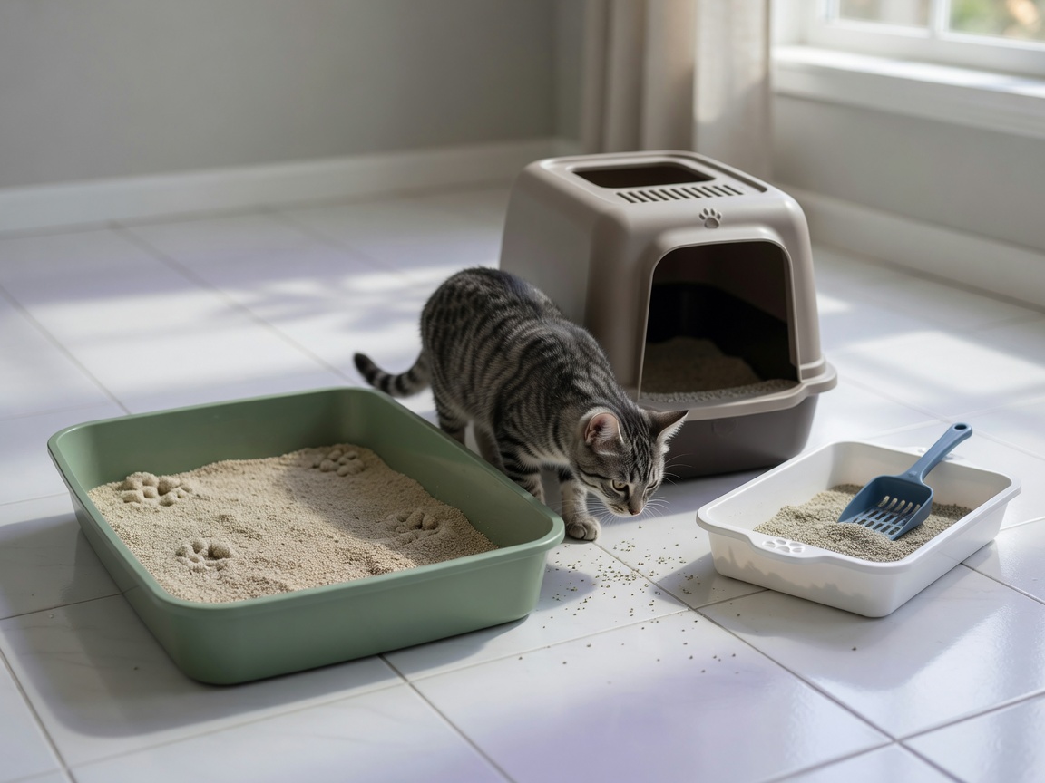 Different litter box options displayed for cat preference testing