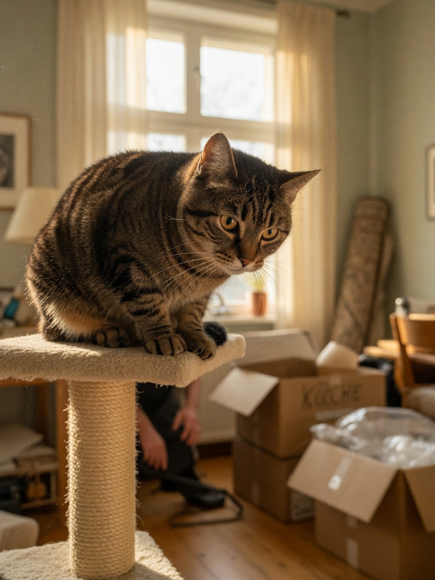 Stressed cat seeking refuge on high perch during household changes