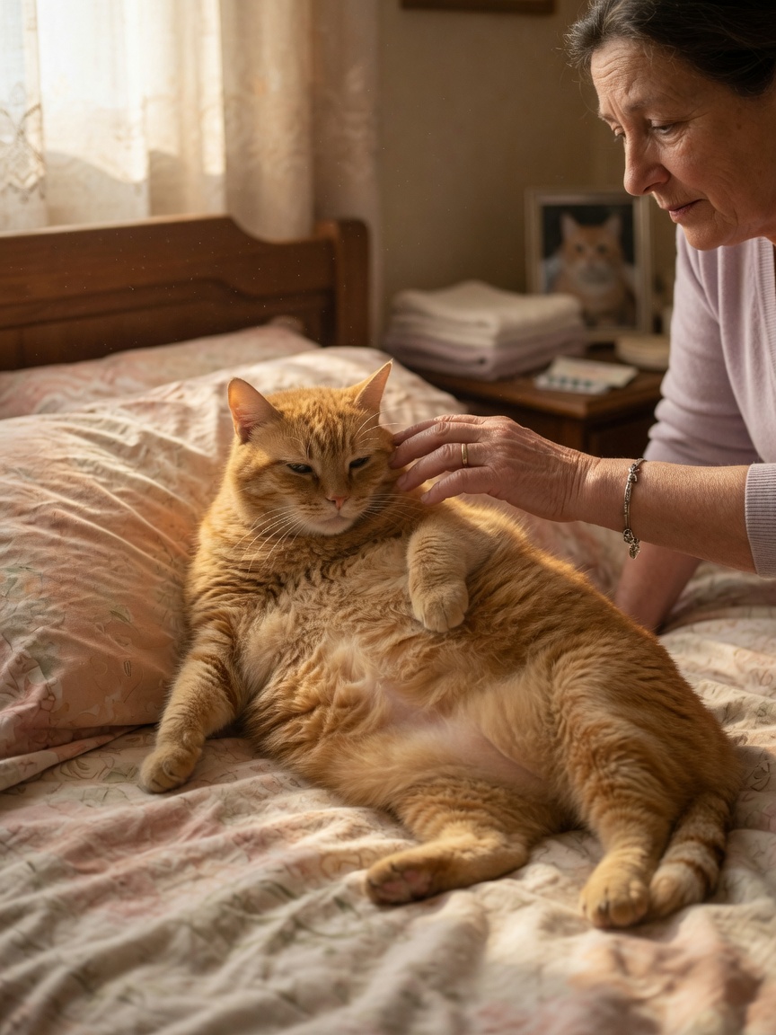 Lethargic obese cat resting on a bed with owner's gentle hand nearby, showing the health impact of obesity