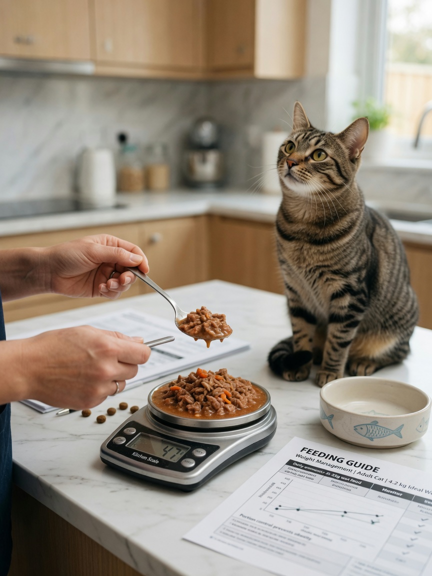 Precisely measured wet cat food being weighed on a kitchen scale for controlled portion feeding