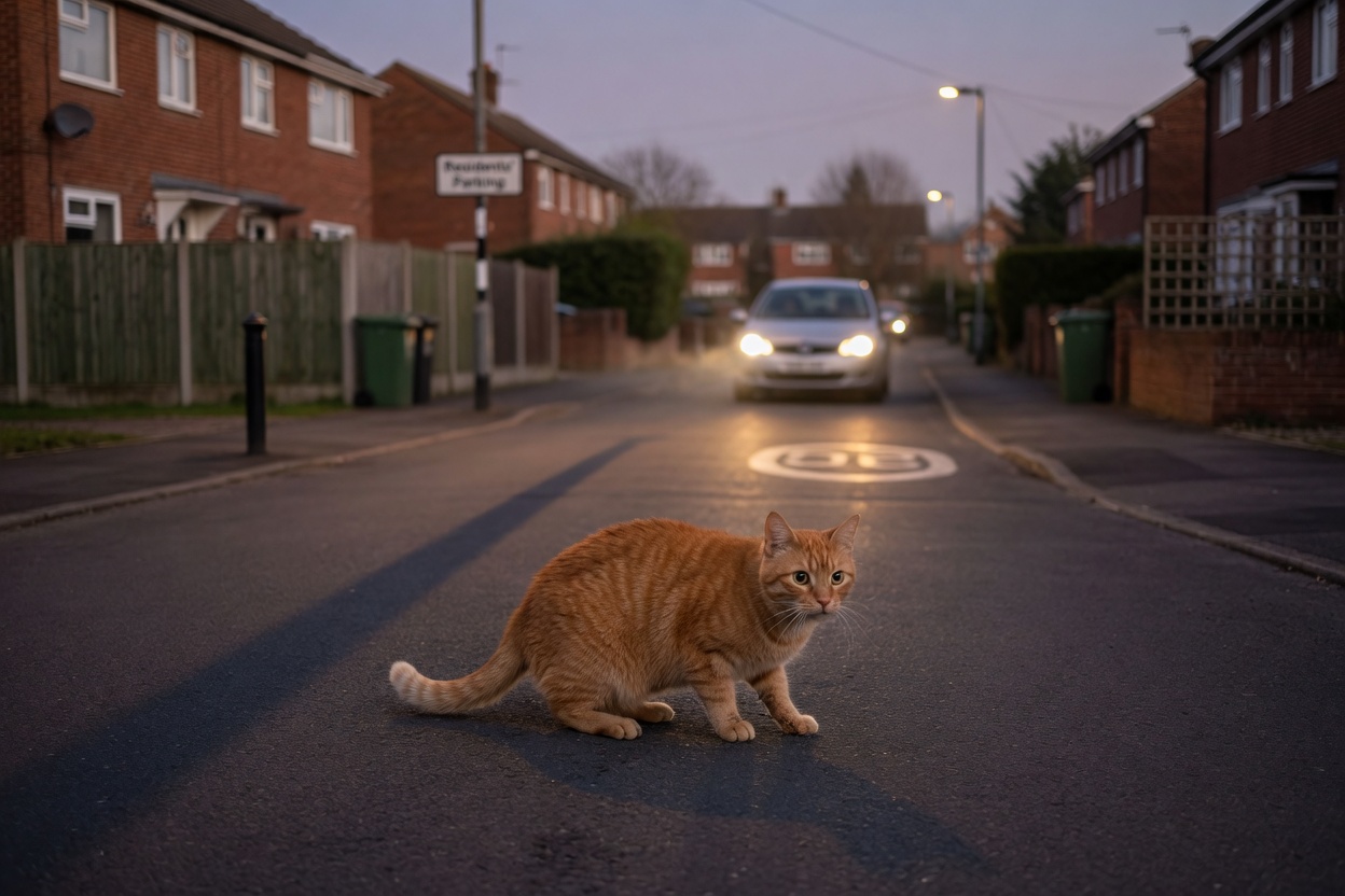 Ginger cat in vulnerable position on UK residential road at dusk, illustrating road traffic accident risks for outdoor cats