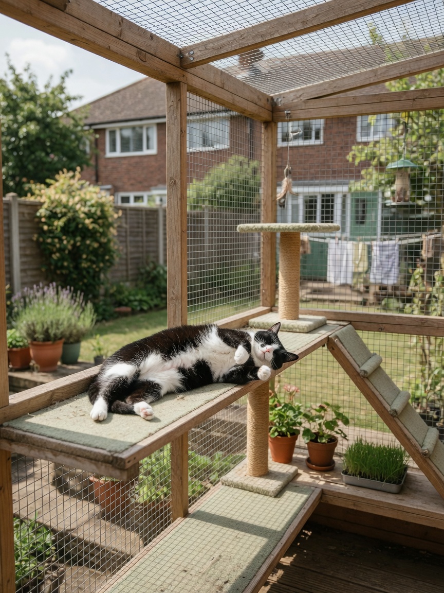 Black and white cat relaxing inside a sunny catio, an enclosed outdoor garden structure providing safe enrichment and fresh air