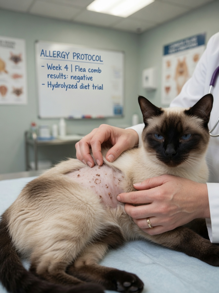 Um gato Siamês com marcas seal-point sendo examinado pelas mãos de um veterinário em uma clínica para sinais de condições de pele alérgica