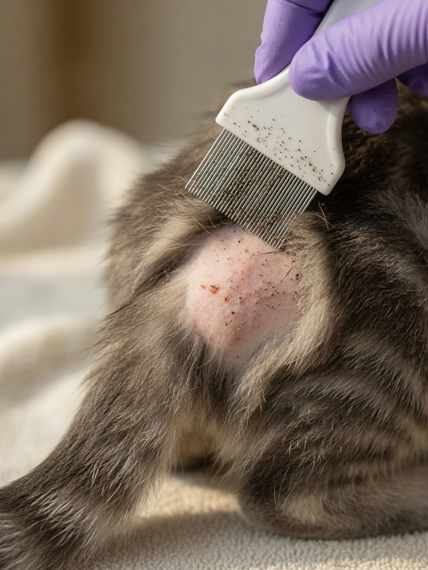 Close-up de um pente antipulgas detectando fezes de pulgas na base da cauda de um gato durante um exame para dermatite alérgica a pulgas