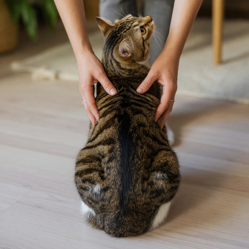 Overhead view of tabby cat during body condition assessment, showing lack of visible waist and oval body shape typical of overweight cats