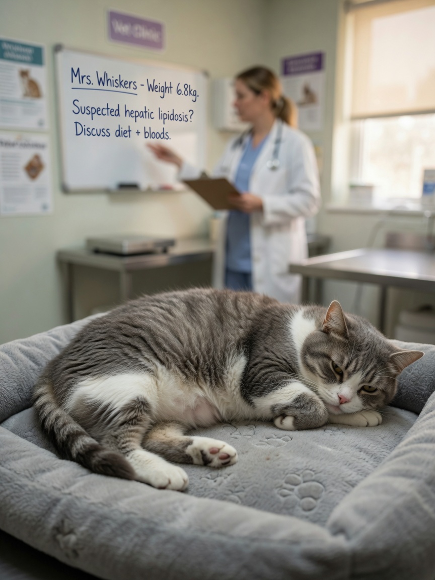 Overweight cat with visibly enlarged abdomen resting on veterinary bed, illustrating obesity-related health conditions in felines