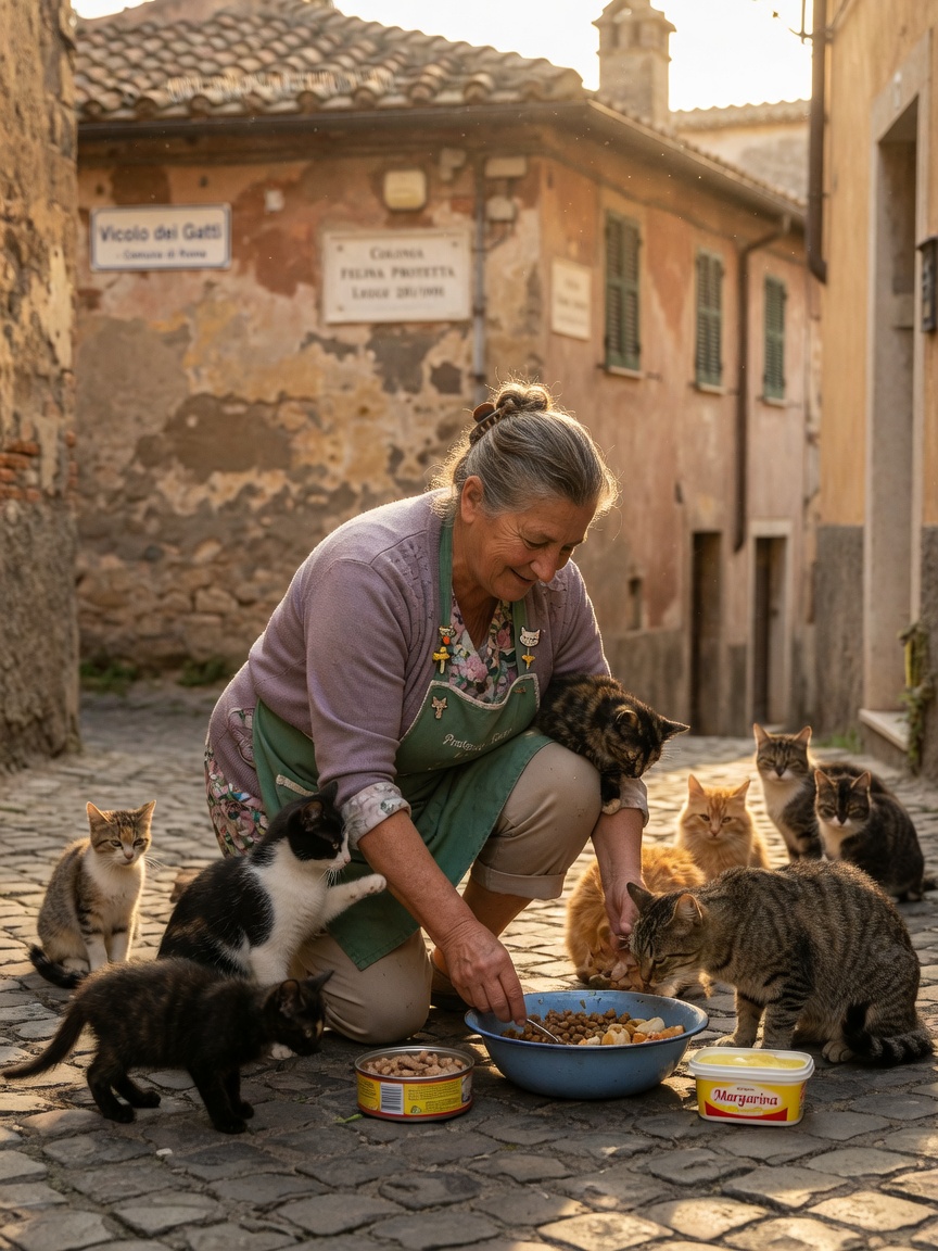 Italian gattara feeding a free-roaming cat colony in an urban piazza, representing legal protection and TNR management
