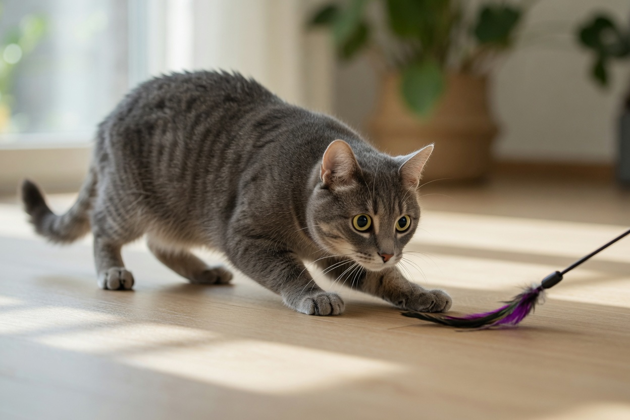 A grey tabby cat in stalking posture with lowered body and forward-focused eyes, frozen mid-hunt while watching a feather toy move across the floor