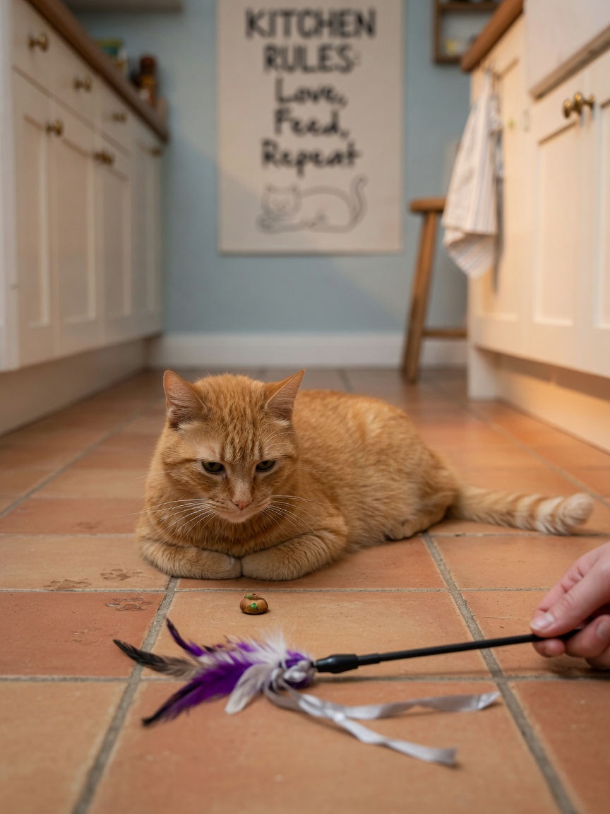 A satisfied ginger cat near a small treat on the kitchen floor after completing a play session with a wand toy