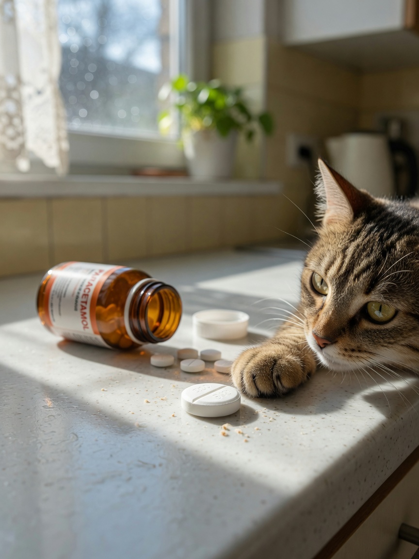 Paracetamol tablet on countertop with curious cat nearby
