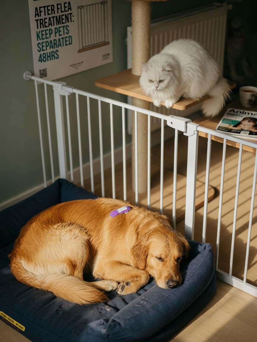 Treated dog separated from cat by gate to prevent permethrin exposure