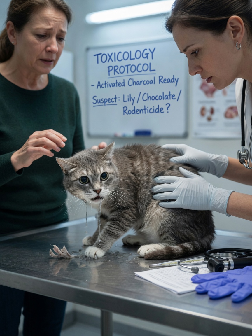 Gray and white cat on vet exam table showing poisoning symptoms including dilated pupils, tremors, drooling, and abdominal pain, with veterinarian examining and concerned owner present