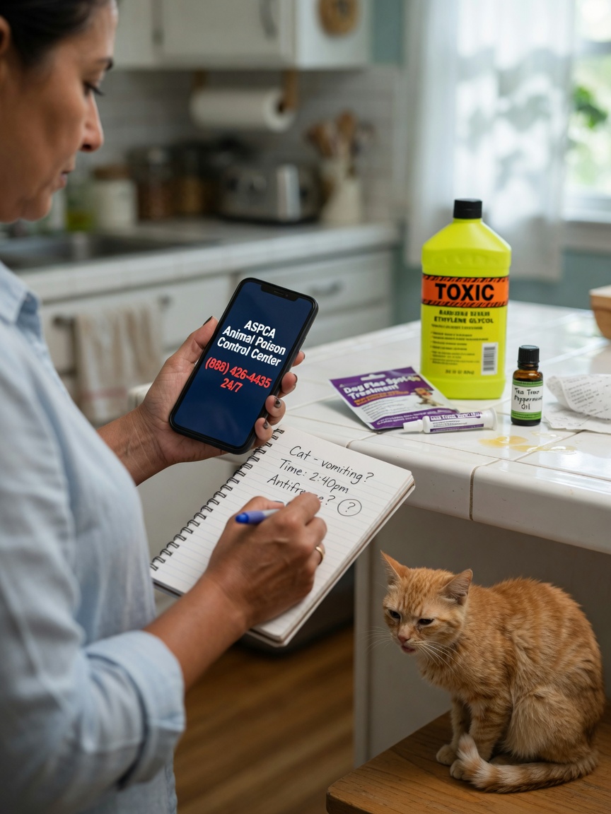 Cat owner with smartphone calling poison control center while gathering evidence of toxic substances (antifreeze, dog flea treatment, essential oil) with unwell cat nearby on kitchen counter