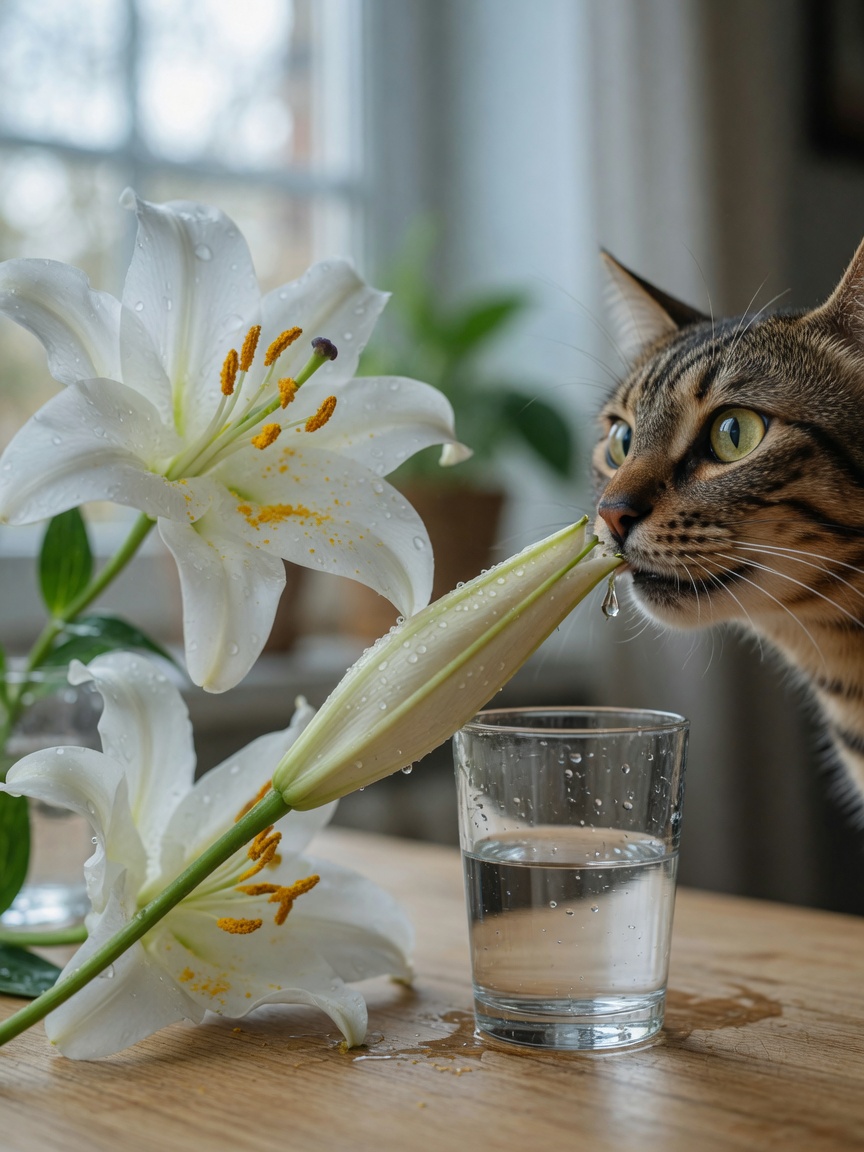 Tabby cat approaching a white lily flower in water vase, showing common household poisoning hazard