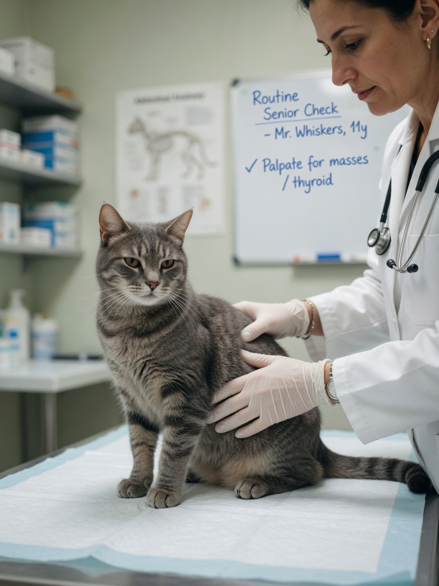 Veterinarian performing abdominal examination on a grey tabby cat during clinical evaluation