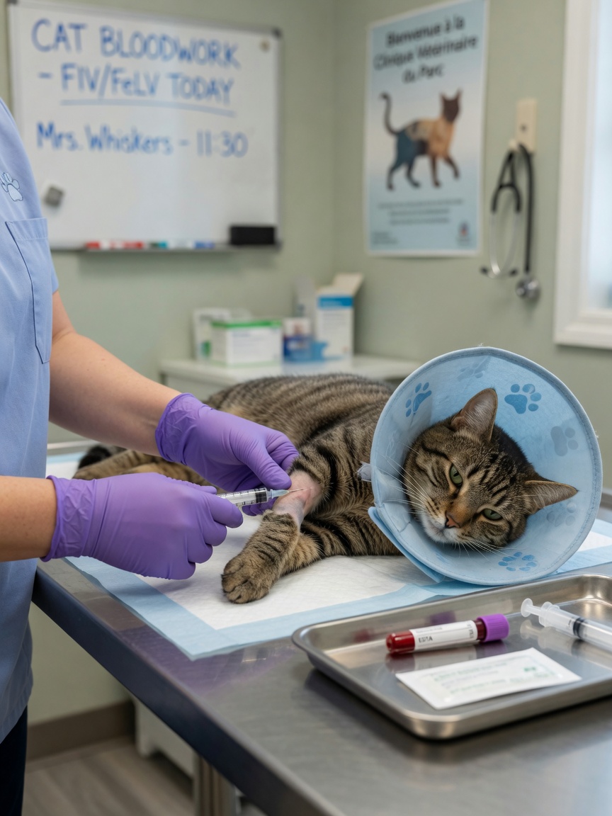 Veterinary technician drawing blood sample from tabby cat for diagnostic testing
