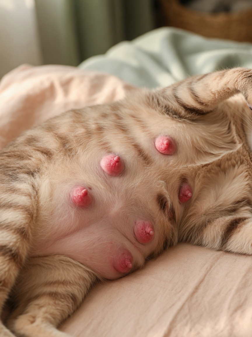 Close-up detail of a pregnant cat's pink and swollen nipples during early pregnancy