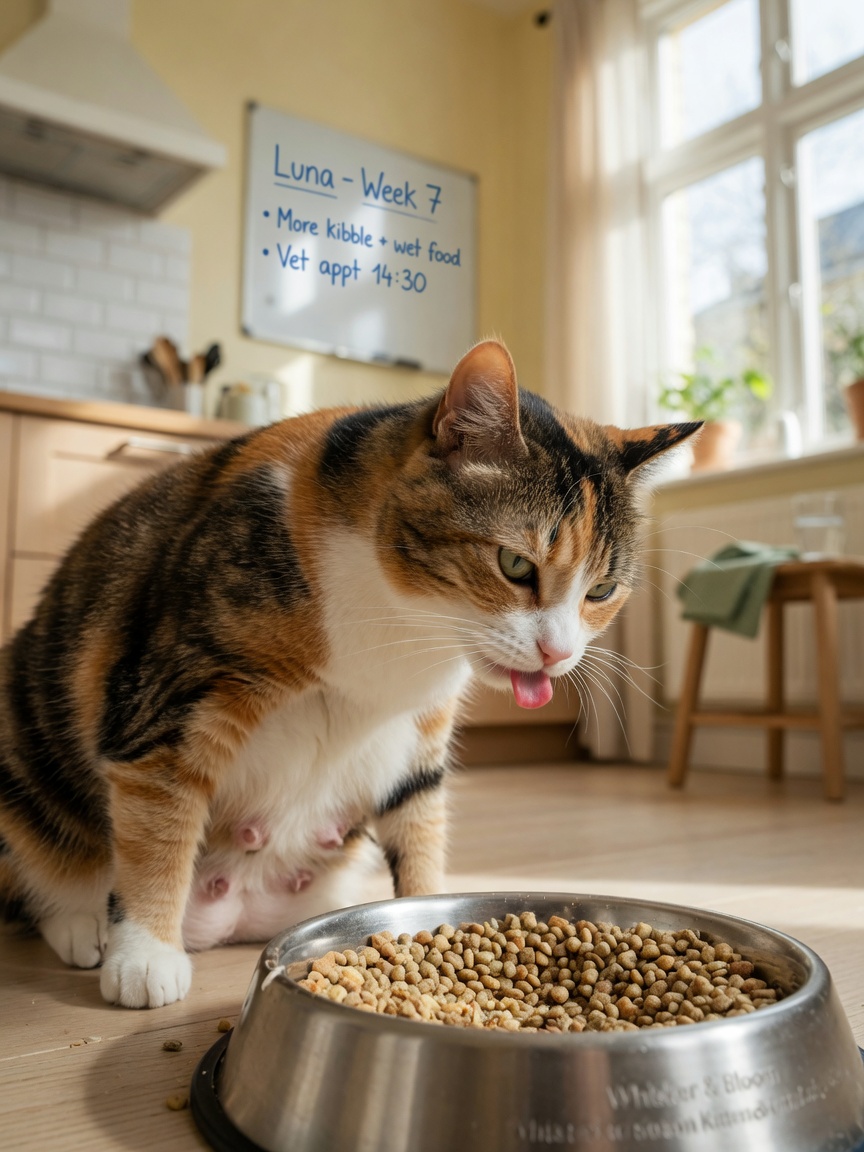 Pregnant cat eating from a food bowl with increased appetite during pregnancy nutrition