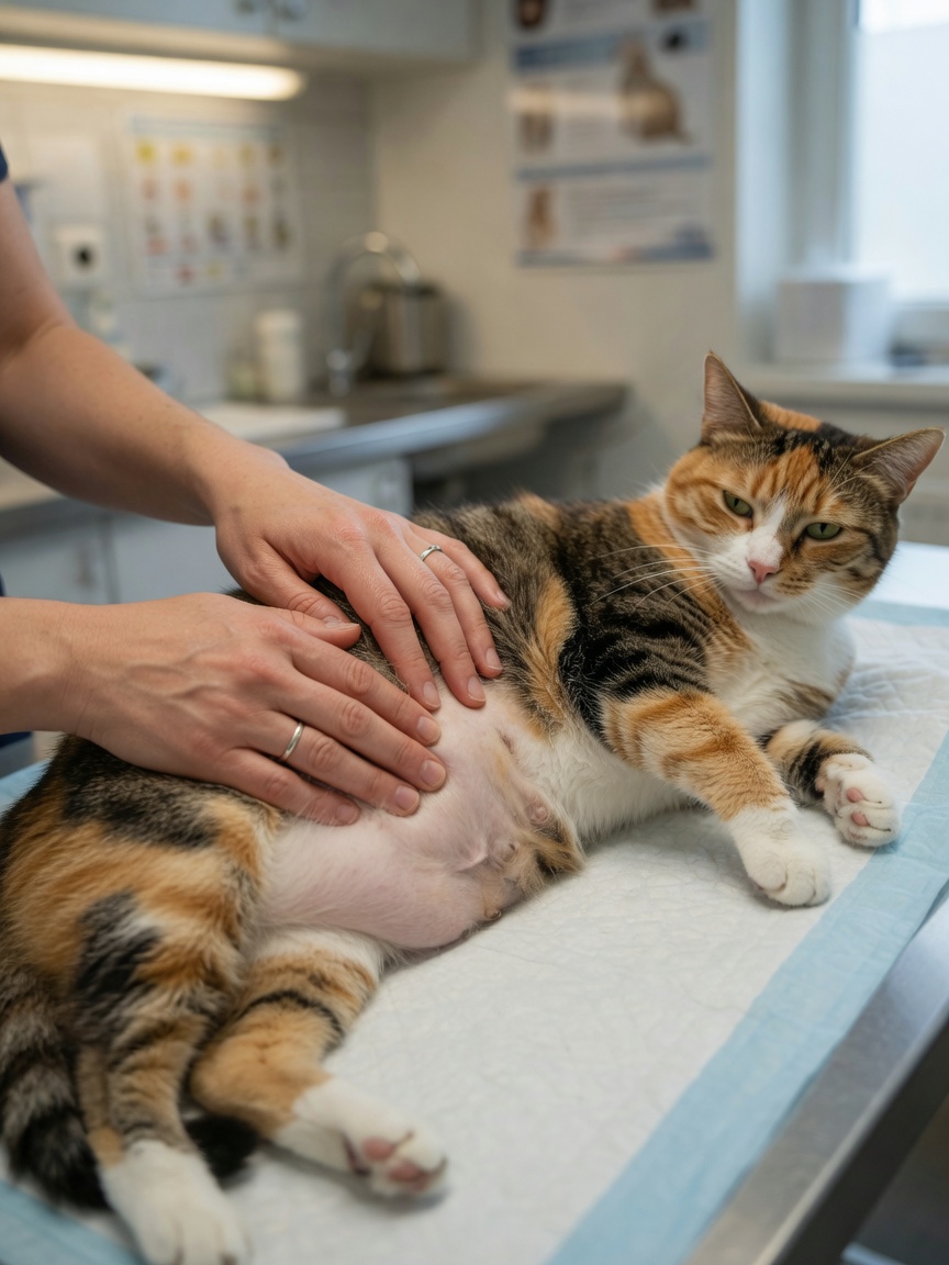 Veterinarian performing gentle abdominal palpation on a pregnant calico cat during examination to assess gestational development